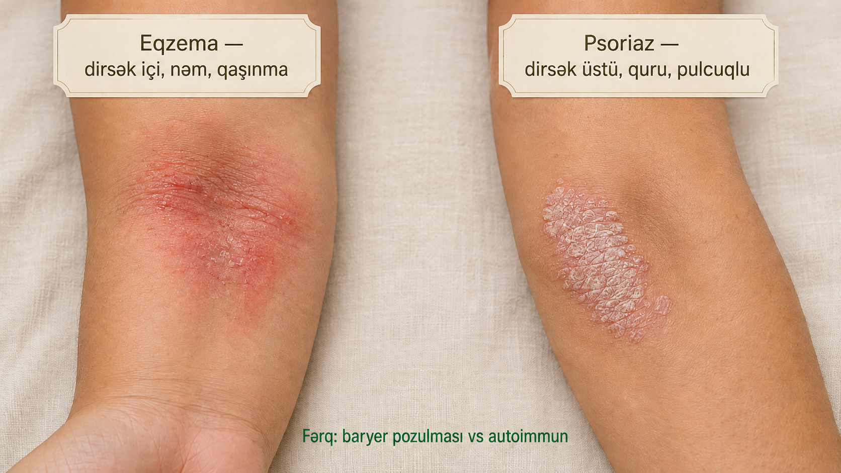 Ekzema psoriaz ferqi — atopik dermatit sedef xesteligi elametler deri qasinma infografik